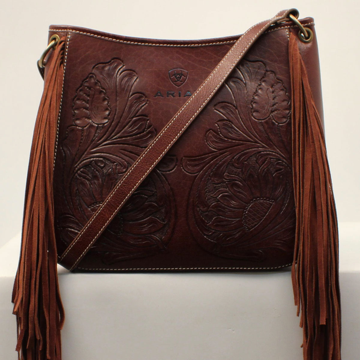 Genuine Leather Floral Tooled Fringe Crossbody Bag